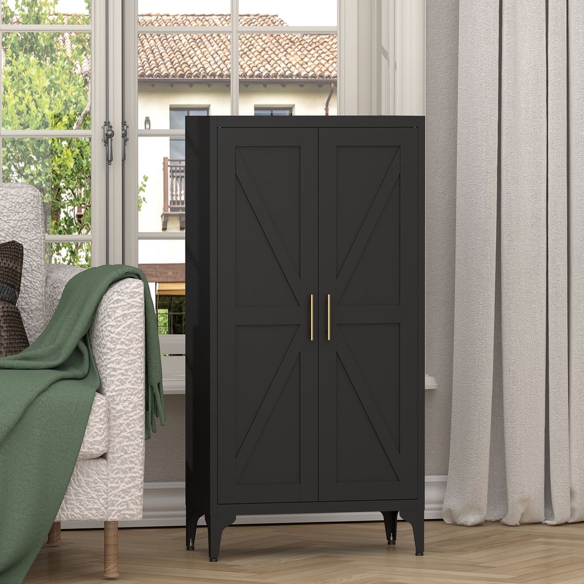 COVREO Keukenkast 120x60x30 cm zwart metaal, 2 deuren en verstelbare planken