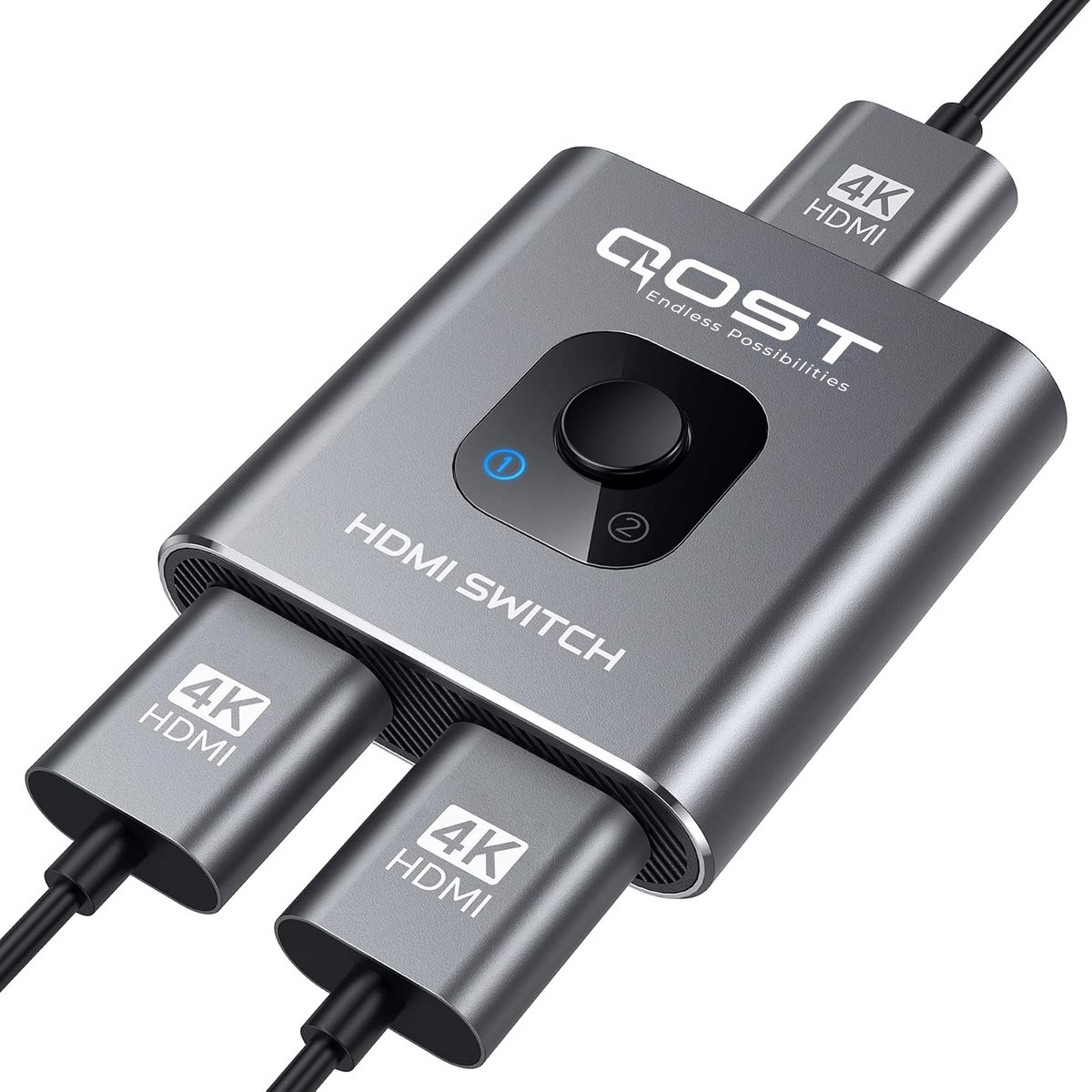 Qost - Bi-Directional HDMI Switch - HDMI Splitter - 4k / 60Hz - HDMI Switch 2 Poorts - 2 In 1 Uit / 1 in 2 uit - Aluminium - Spacegrey
