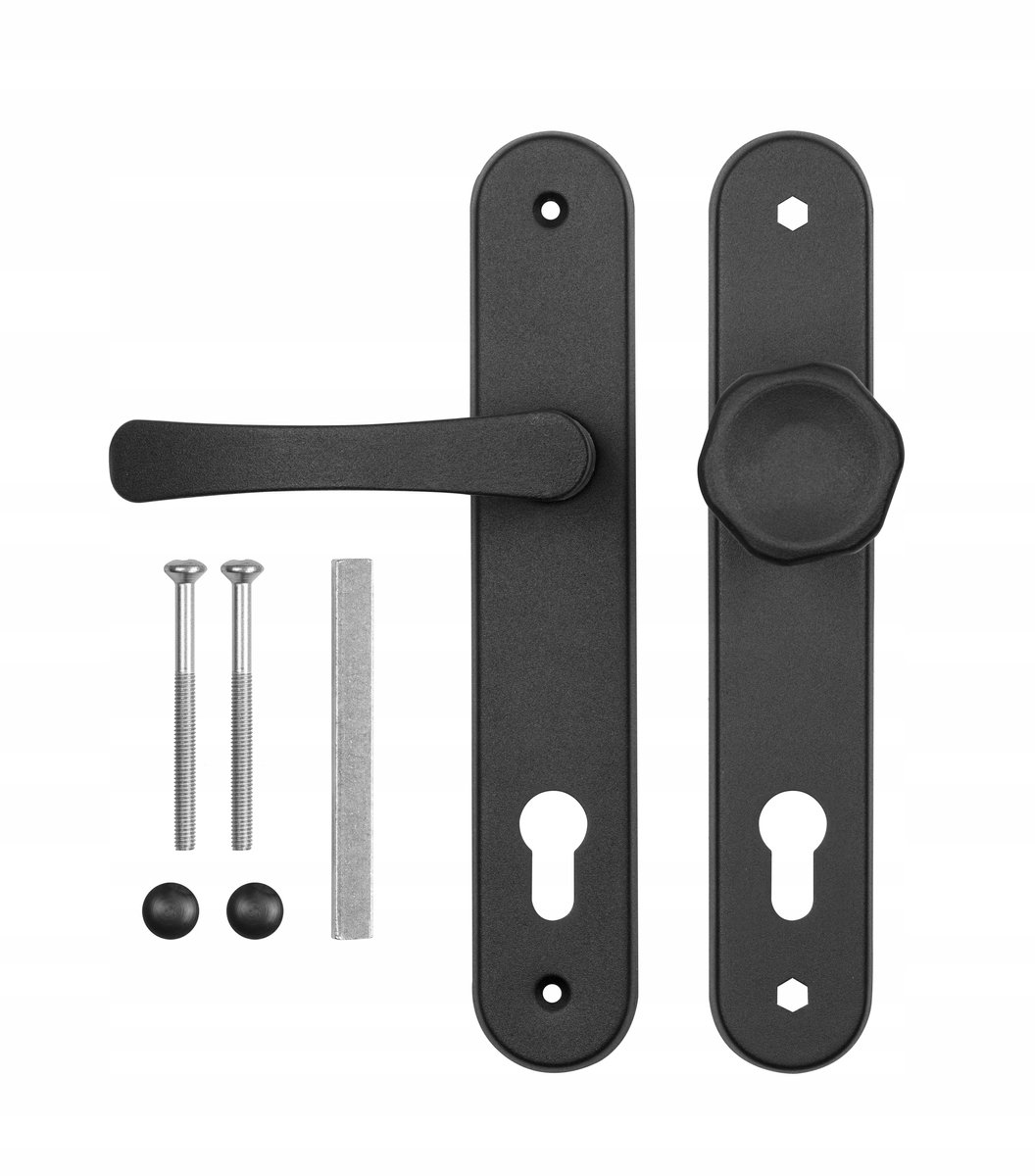 Deurkruk met knop, zwart, 90mm hartafstand, met sleutelgat