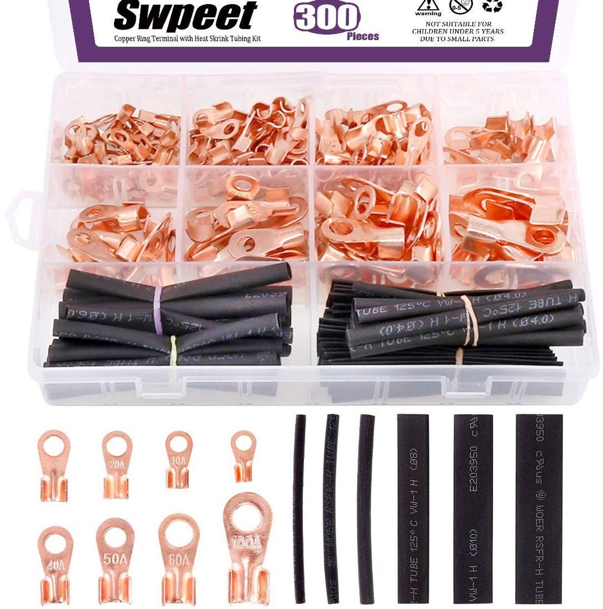 300 Stuks Koper Ring Terminals en Open Barrel Connectoren met Warmte Krimp Tubing Set voor Elektrische Verbindingen en Crimpwerkzaamheden