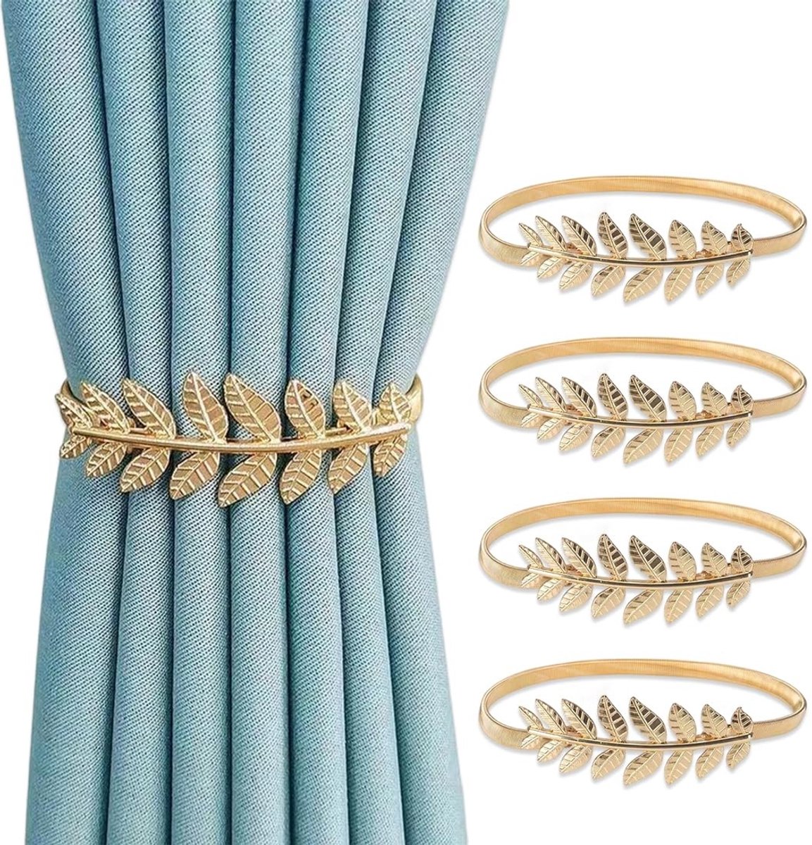 SolidKeus - Set van 4 Decoratieve Gordijnhouders in Gouden Bladontwerp