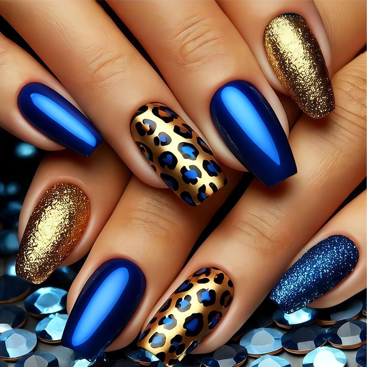 SolidKeus - Set van 24 Blauwe Leopard Druknagels met Glitter