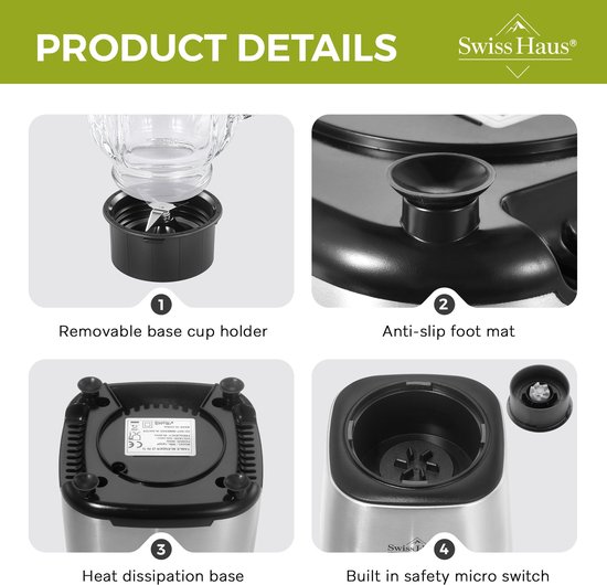 Swiss Haus® BL2215 Blender - 500W Smoothie Maker - 1.5L Glazen Kan & Grinder - RVS Messen - 2 Snelheden + Pulse - Vaatwasbestendig - Veiligheidsmicro-schakelaar - RVS van Swiss Haus — afbeelding 5