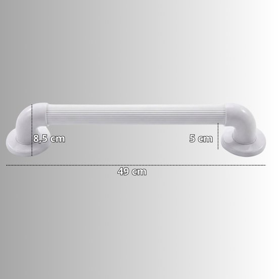 Witte handgreep van 49 cm lang, 8,5 cm hoog en 5 cm breed, met geribbelde grip.