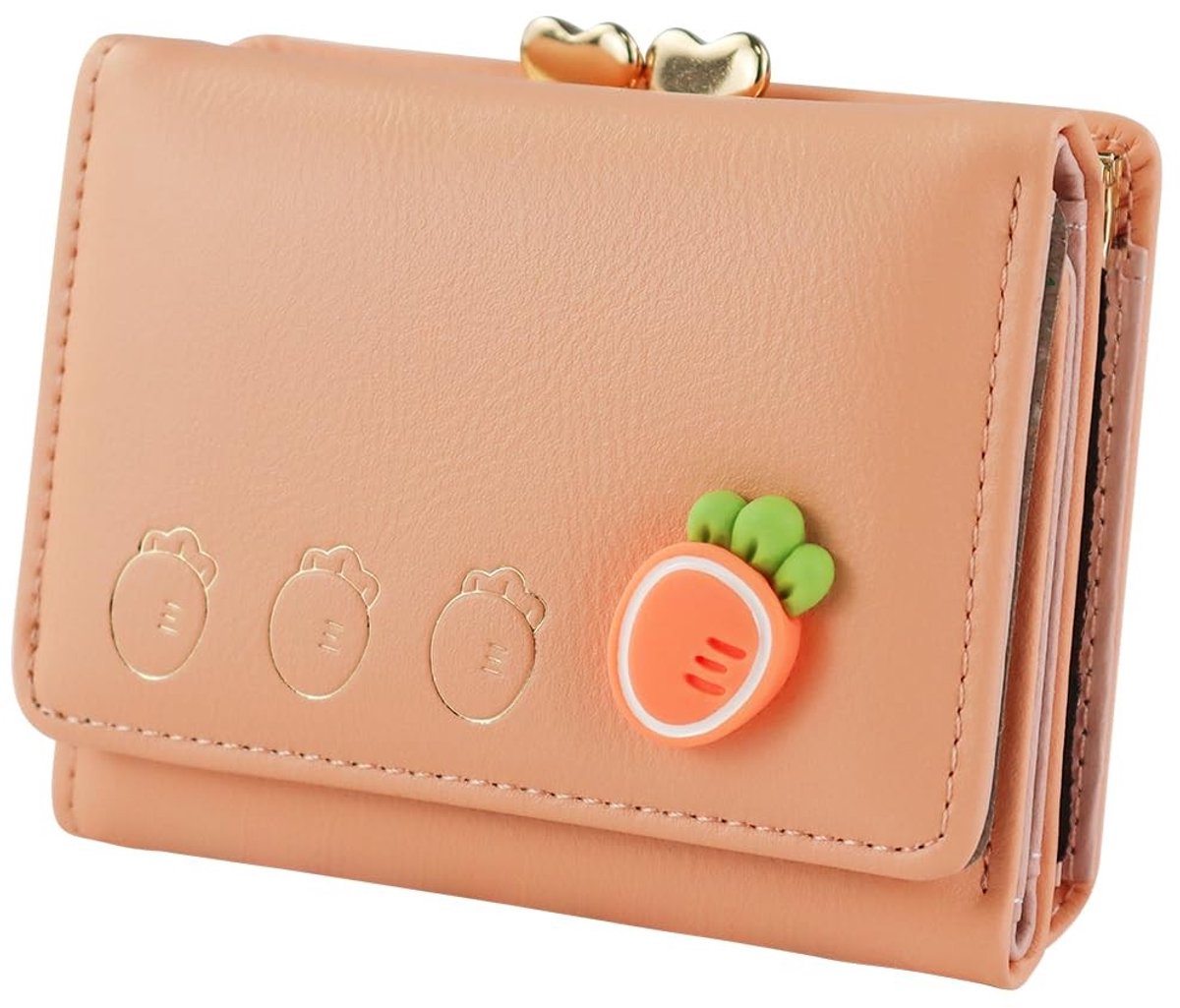 Dailygoods - Andiker Damesportemonnee, schattige drievoudige portemonnee voor vrouwen met 7 kaartvakken en 1 ID-venster, PU lederen kleine portemonnee met slotgesp voor reizen winkelen, oranje, 10,5*8,5*3