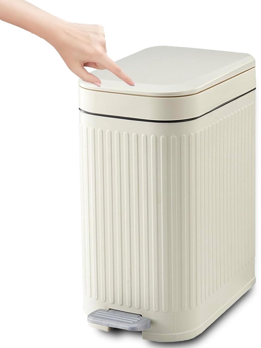 Pedaalemmer, kleine vuilnisemmer met deksel, 8 liter, pedaalbak, geurdicht, afvalemmer, keuken, badkamer, vuilnisbak, smal, voor badkamer, kantoor, woonkamer, slaapkamer, toilet (beige)