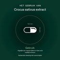 Diagram van een witte capsule met groene bovenkant, met afmetingen 19,4 mm en 6,91 mm. Titel "Het gebruik van Crocus sativus extract".
