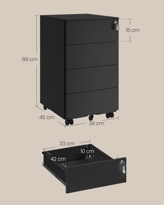 Zwarte metalen archiefkast met 4 laden, afmetingen 69x45x39 cm. Een open lade toont interne afmetingen van 33x42x10 cm.