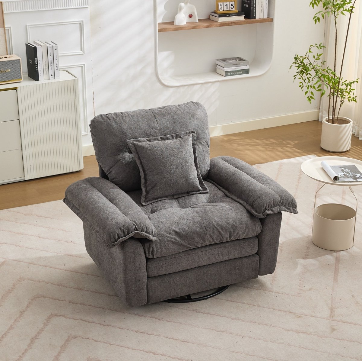 MIVRAY Fauteuil 116 x 84 x 96 cm - 360 Graden Draaibaar Met Steunkussen - Voor Woonkamer En Slaapkamer - Chenille Stof - Grijs
