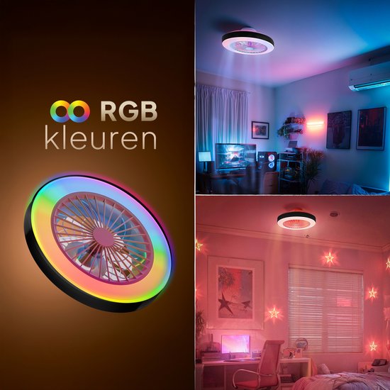 Plafondventilator met RGB kleurenring verlicht een slaapkamer in verschillende neonkleuren. RGB kleuren.
