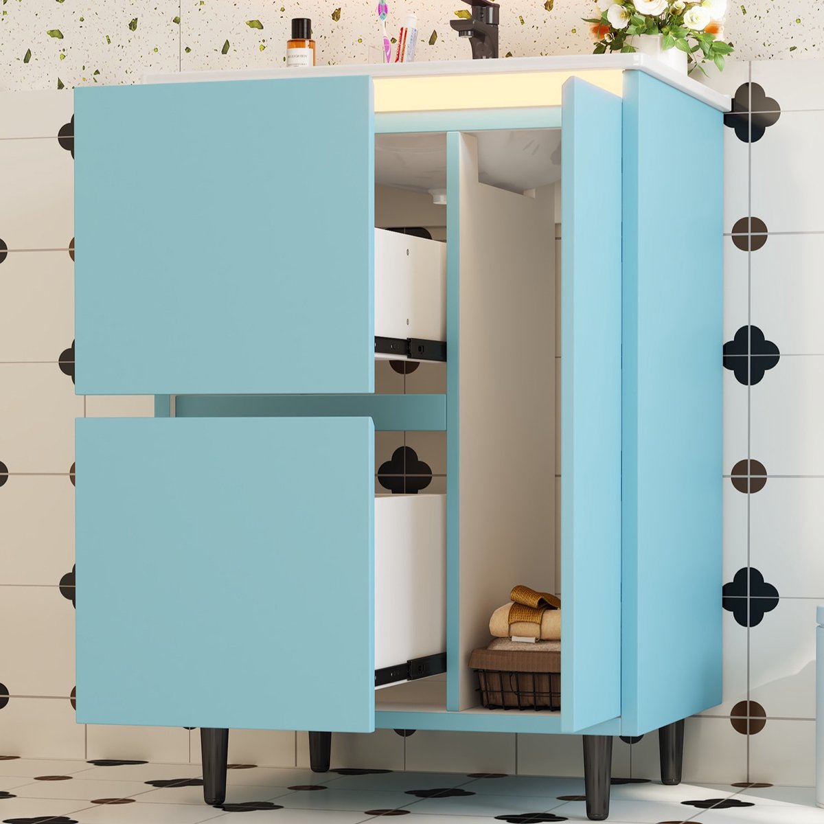 HAUSS SPOLE Badkamermeubel - Vrijstaand Met Keramische Wastafel En 2 Laden - Voor Badkamer - Keramiek En MDF - 61x46,5x87 Cm - Blauw