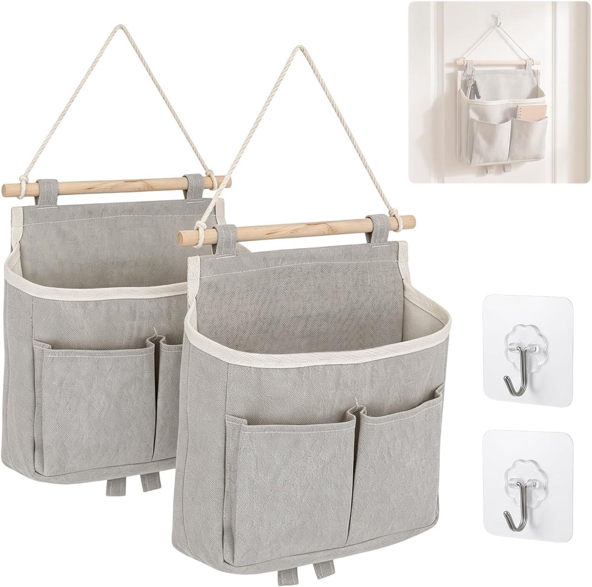 2 stuks hangende opbergtas, grijs, hoge capaciteit en monteerbaar, 3 vakken met sterke kleefhaken, praktische hangende organizer voor badkamer, deur, thuis, school, kantoor, winkel, camper en tent
