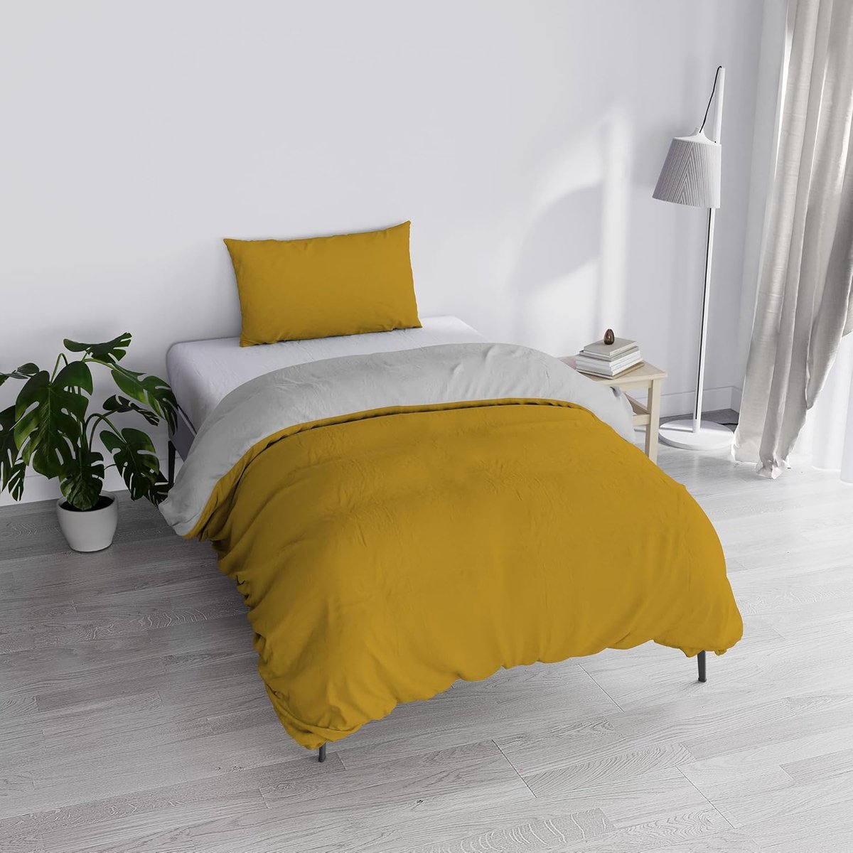 Bed Linen Dekbedovertrek Set "Natural Doubleface effen kleur tas laken en kussensloop, mosterd/lichtgrijs, klein tweepersoonsbed