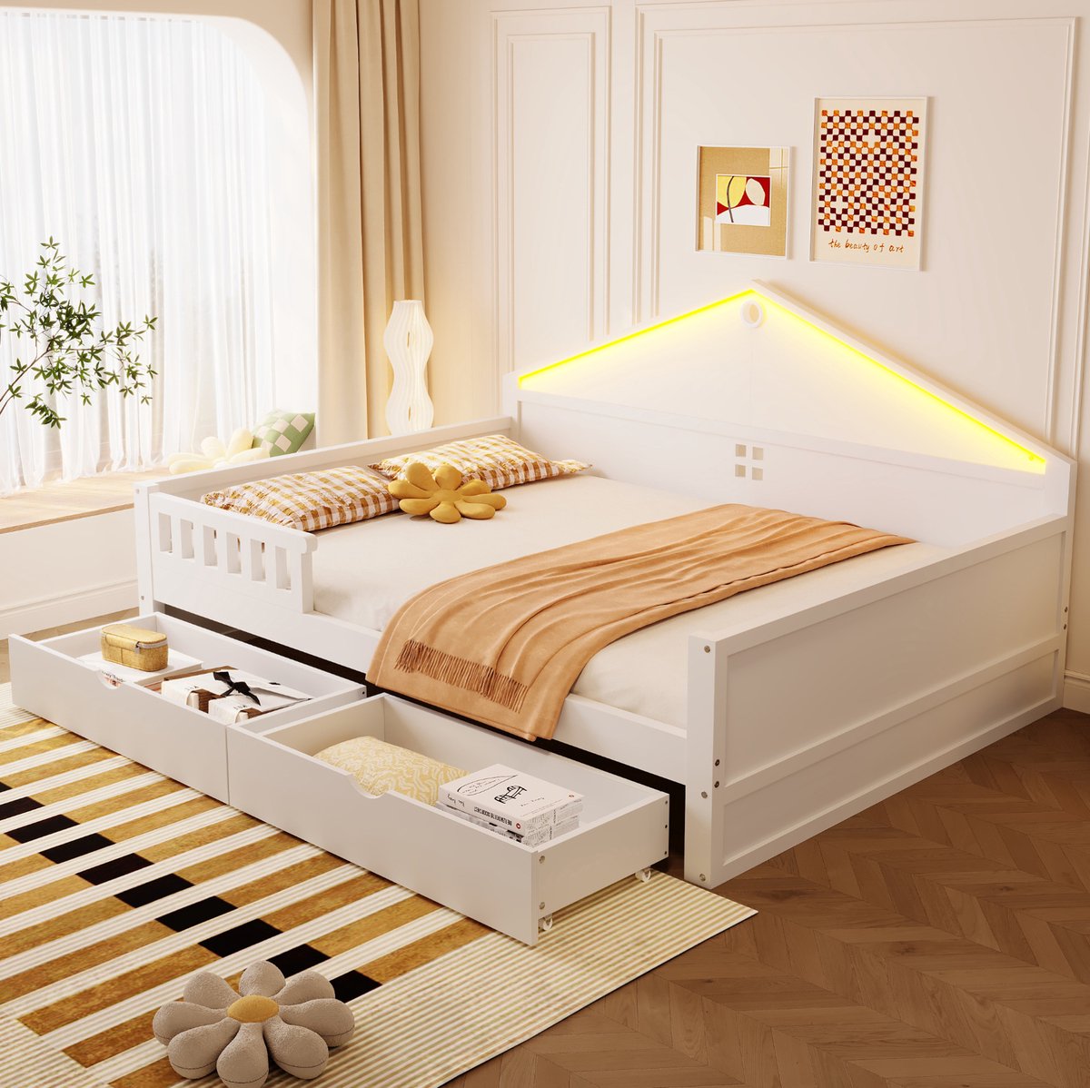 FloraGrace Kinderbed 140x200 cm - Met LED-Lichtstrip en 2 Lades - Inclusief Lattenbodem - Zonder Matras - Hout en MDF - Wit