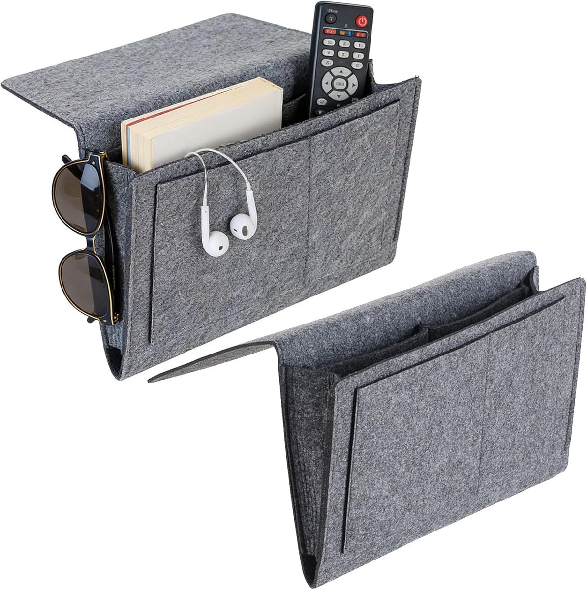 2 stuks opbergtassen, 20 x 32 cm, vilten organizer voor slaapkamer, 5-tassenset voor mobiele telefoon, iPad, afstandsbediening, boeken, brillen (grijs)
