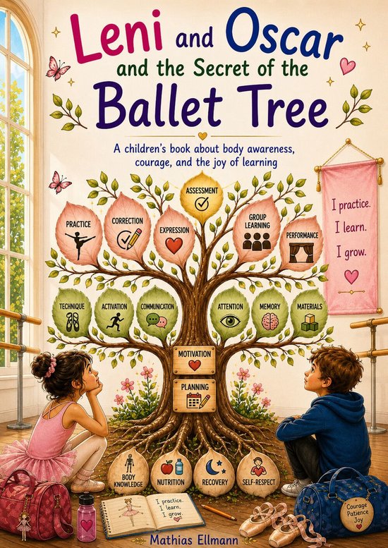 Boek 'Leni en Oscar en het Geheim van de Balletboom' met een illustratie van een boom met bladeren met daarop 'Practice', 'Correction', 'Expression', 'Assessment', 'Group Learning', 'Performance', 'Technique', 'Activation', 'Communication', 'Attention', 'Memory', 'Materials', 'Motivation', 'Planning', 'Body Knowledge', 'Nutrition', 'Recovery', en 'Self-Respect'. Twee kinderen kijken ernaar.