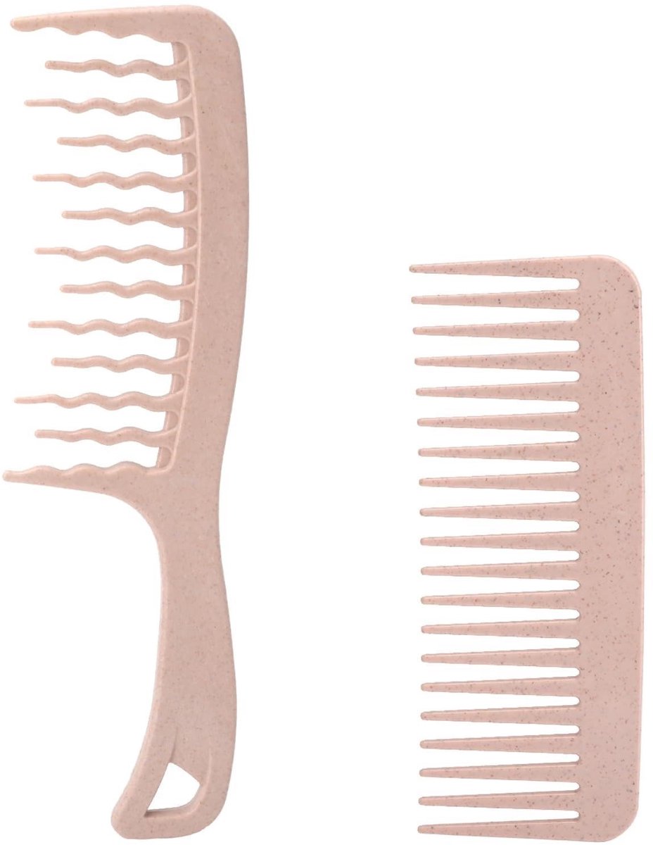 Dailygoods - 2 stuks krulkam, brede tandkam voor krullen en natuurlijke krullen, grove kam van tarwestro, zacht ontwarren zonder trekken, antistatisch en duurzaam, roze brede tandkam