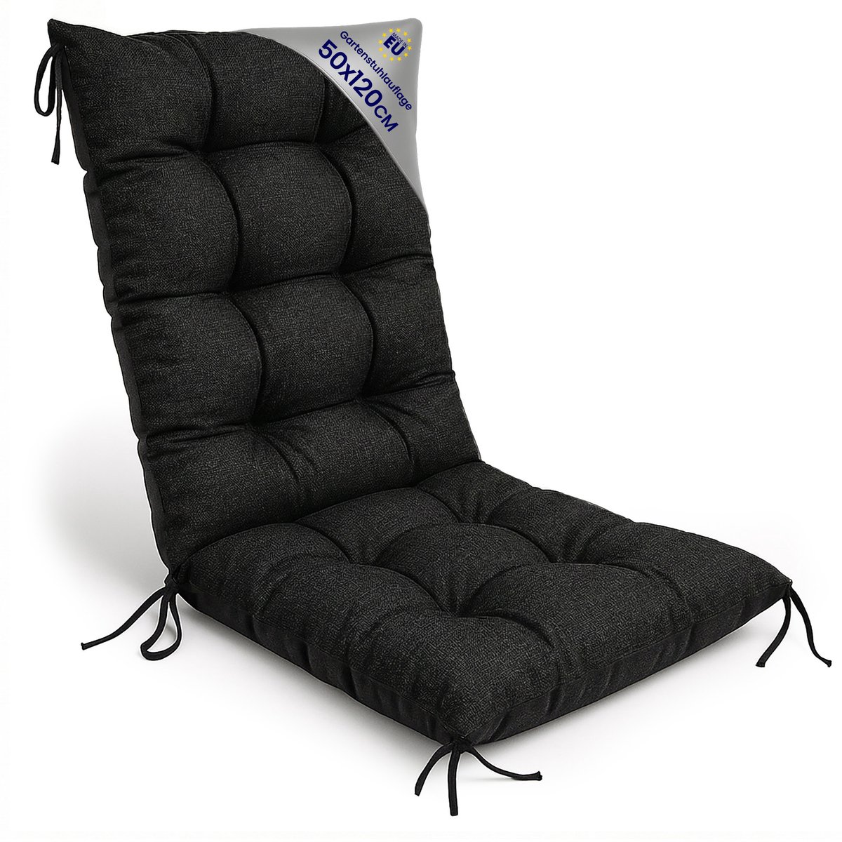 Tuinstoelkussens Hoge Rug 50x120 cm - Kussens voor Tuinstoelen & Standenstoel Terrasstoel Grafiet Eco linnen Stoelkussens Tuin Zitkussen Extra Dik 10 cm met Bindlinten