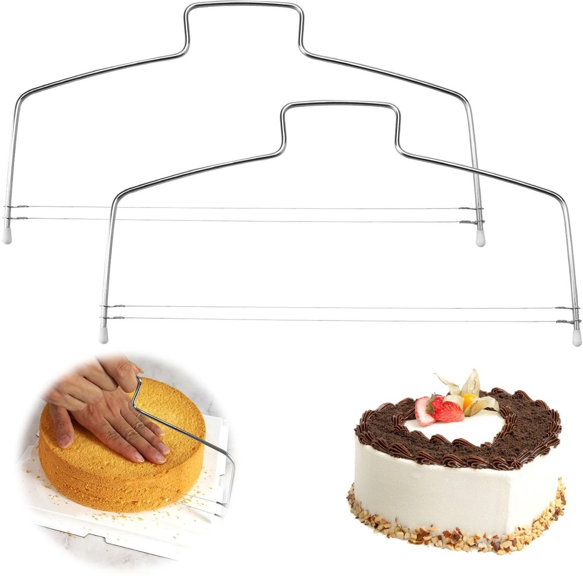 Dailygoods - TNSLAND Taartsnijder, 2 stuks, roestvrij staal, taartbodemsnijhulp, in hoogte verstelbaar, snijdraad, taartzaag, taartsnijder, bakaccessoires voor het snijden van taarten, cake, brood