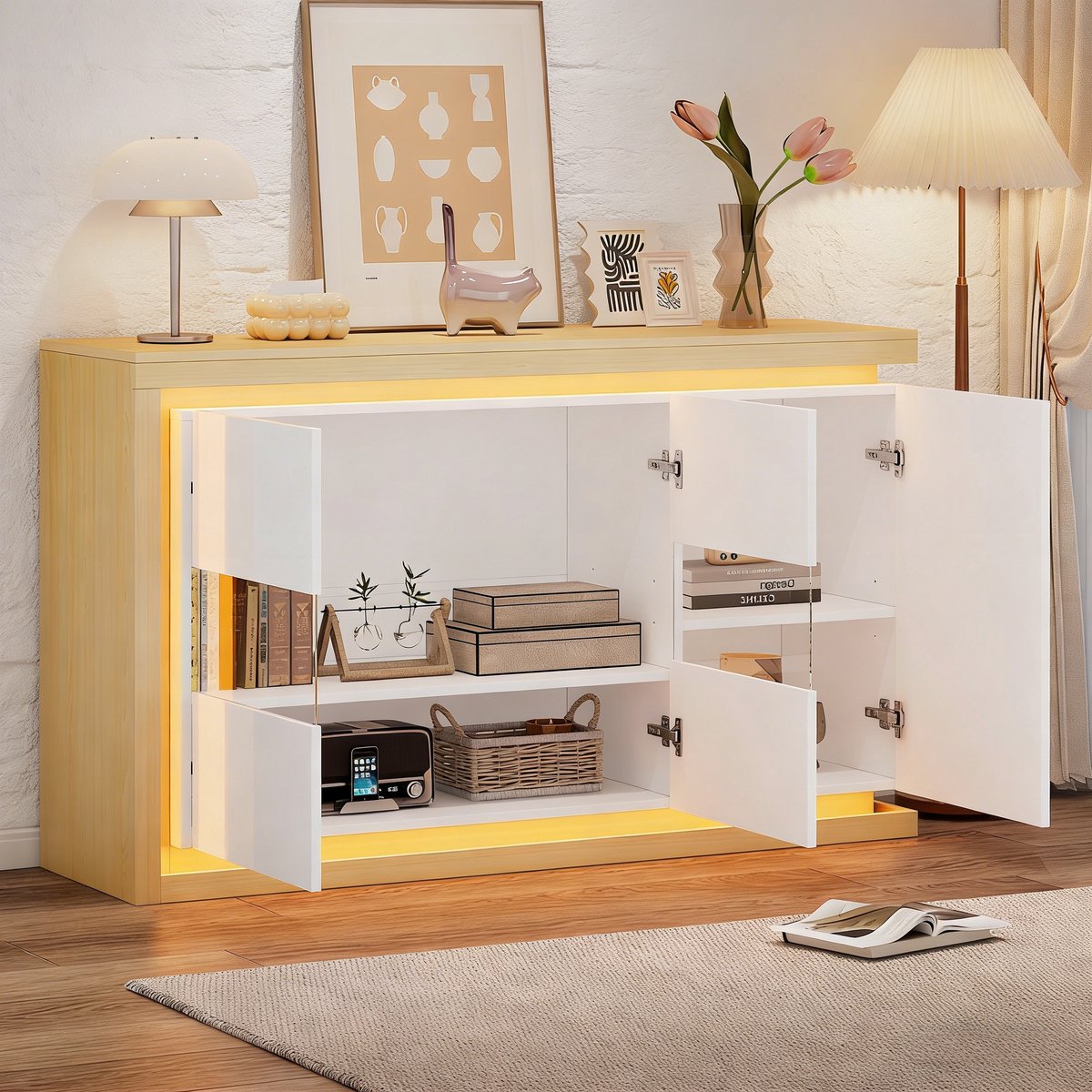 Woonkamerkast 140x40x84 cm - moderne ladekast met vier vakken - dressoir met LED-verlichting - wit en houtkleur