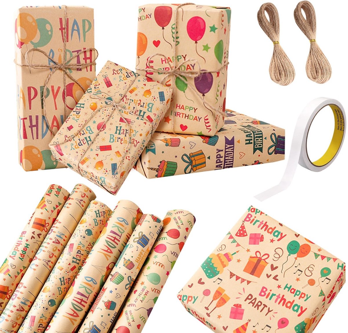 Dailygoods- Cadeaupapier 100 g/m² - 6 Vellen - Gerecycled Papier - Plakband - Koord - 50 x 70 cm - Voor Decoratie - Verpakking
