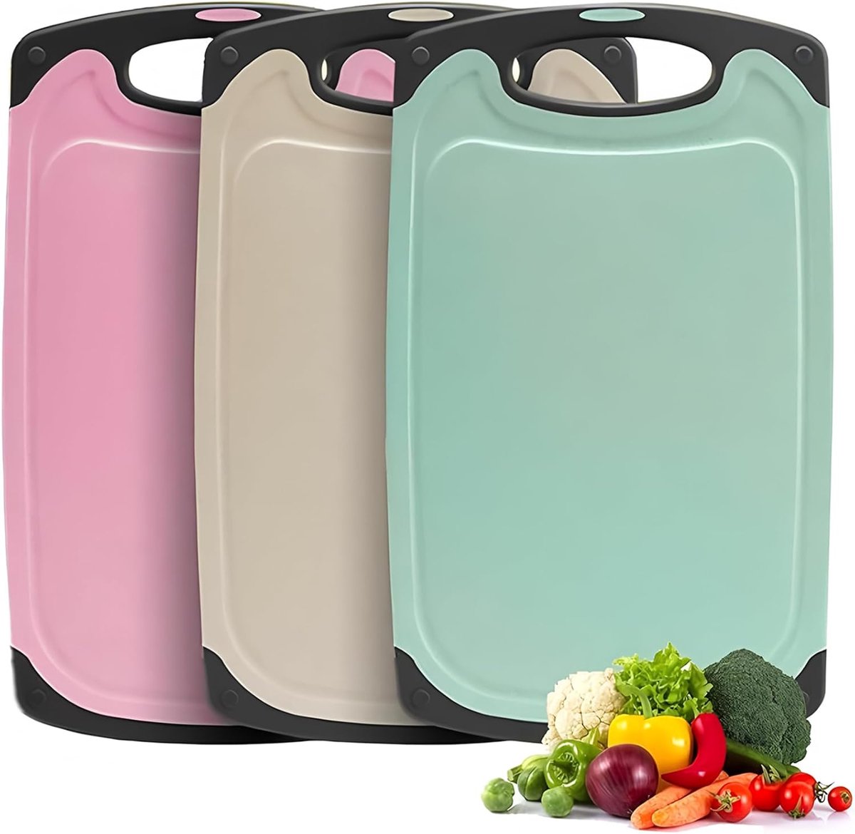 Set van 3 BPA-vrije tarwestro snijplanken met sapgroeven, gemakkelijk vast te houden, ophanggaten, antislip, vaatwasmachinebestendig (beige, groen, roze) 35 x 21 cm