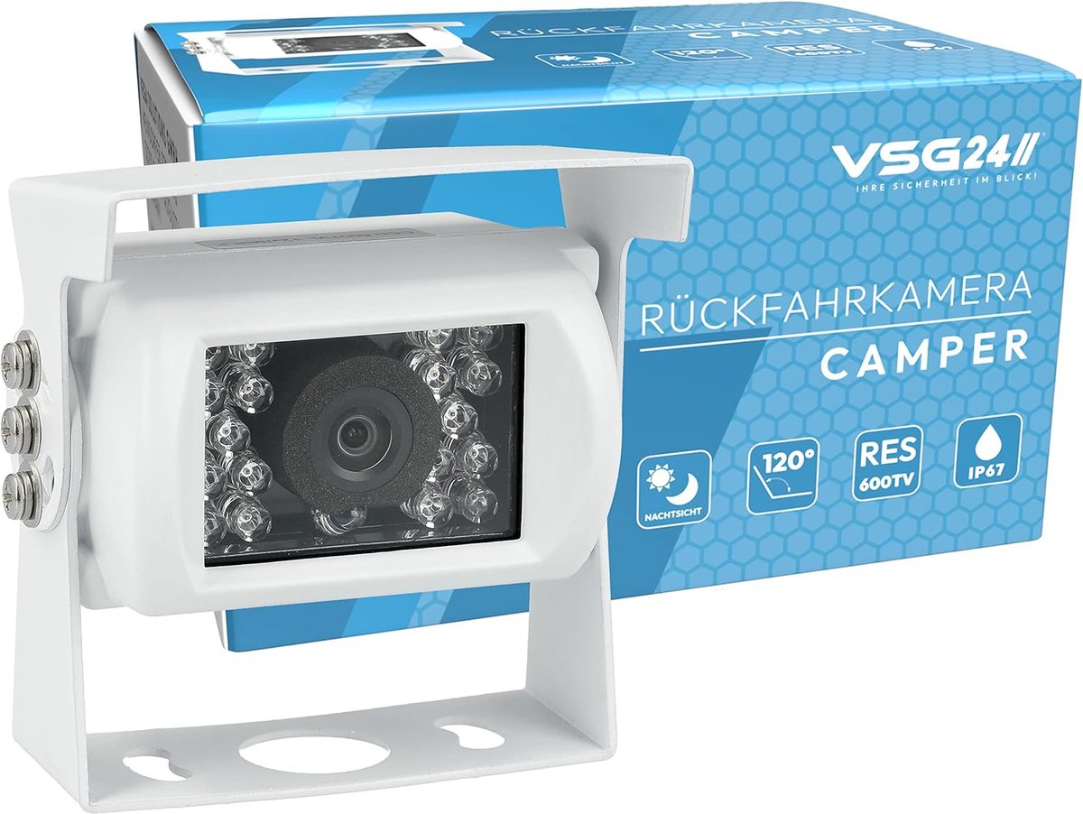 SnelShoppen - Achteruitrijcamera voor Camper en Caravan - 600TV Resolutie, Nachtricht, 120° Lens, IP67, Inclusief Adapterkabel - Wit