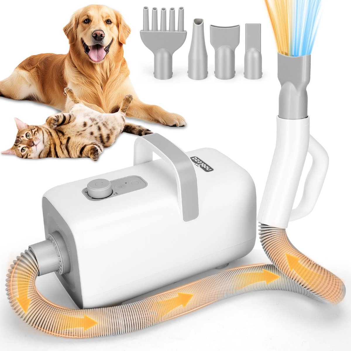 SnelShoppen - Professionele Honden Föhn 2000W, Dierenvriendelijke Haardroger met 4 Spuitmonden, 3 Snelheden, Verstelbare Temperatuur, 2 Meter Uittrekb
