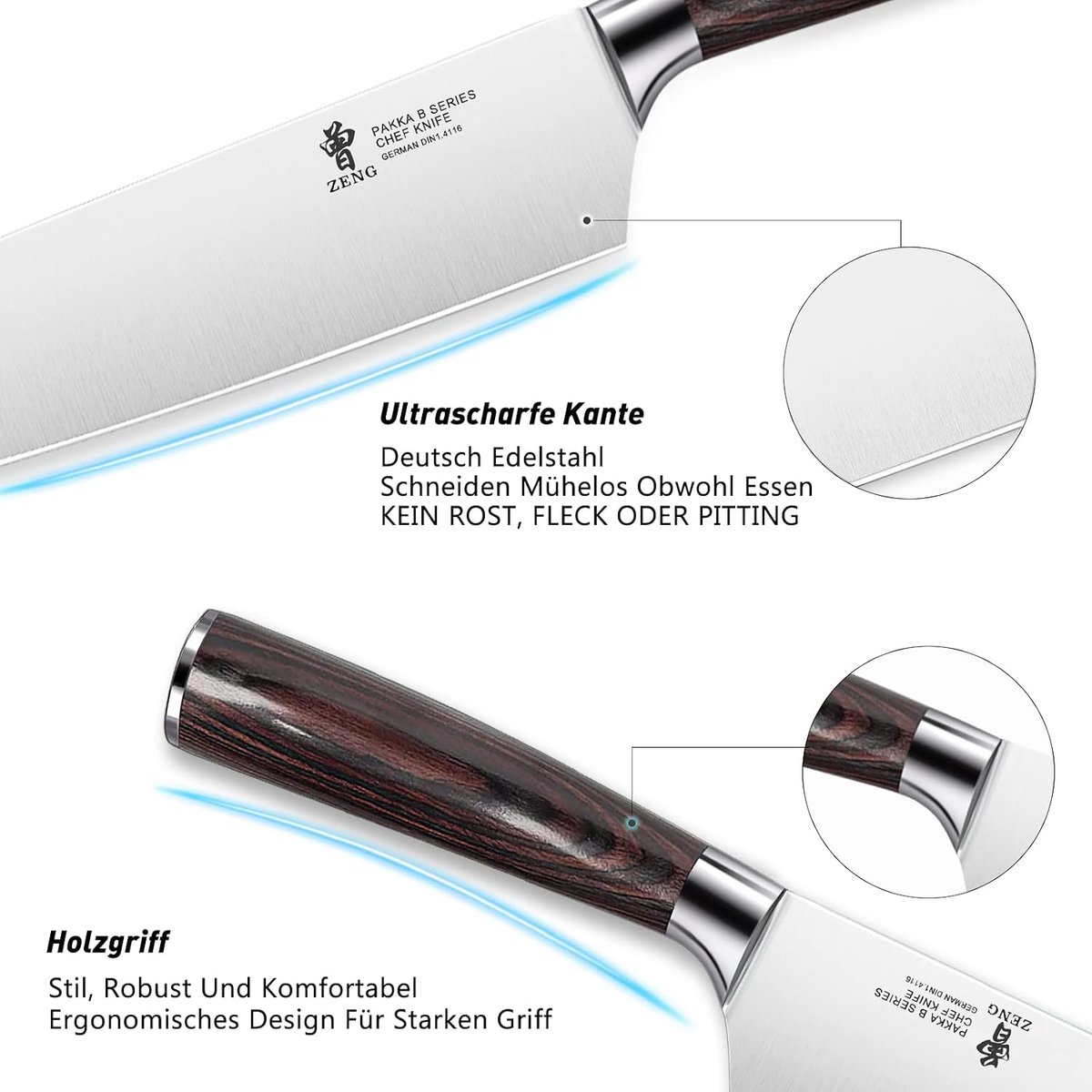 SnelShoppen - Chef Knife, Koksmes, Vleesmes, Japanse Keukenmes, Ergonomisch, Sharp, Duits RVS, Pakkawood Handvat, Keuken, Restaurant, 20 cm