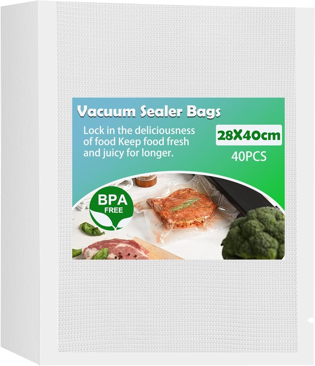SnelShoppen - Food Vacuum Bags 28x40 cm - 40 Stuks - 200µm Dikte - Embossed - BPA Vrij - Voor Sous Vide, Vriezen, Bewaren en Koken - Herbruikbaar en S