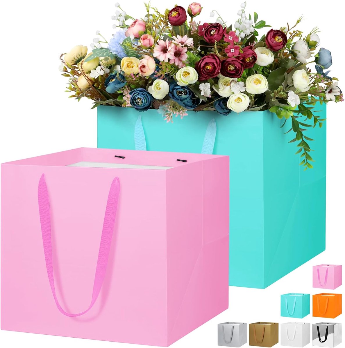 SnelShoppen - 2x Grote Cadeautassen Roze/Blauw, 30x30x30cm Vierkante Papieren Tassen voor Bloemen, Taart, Extra Grote Cadeautas voor Verjaardag, Kerst