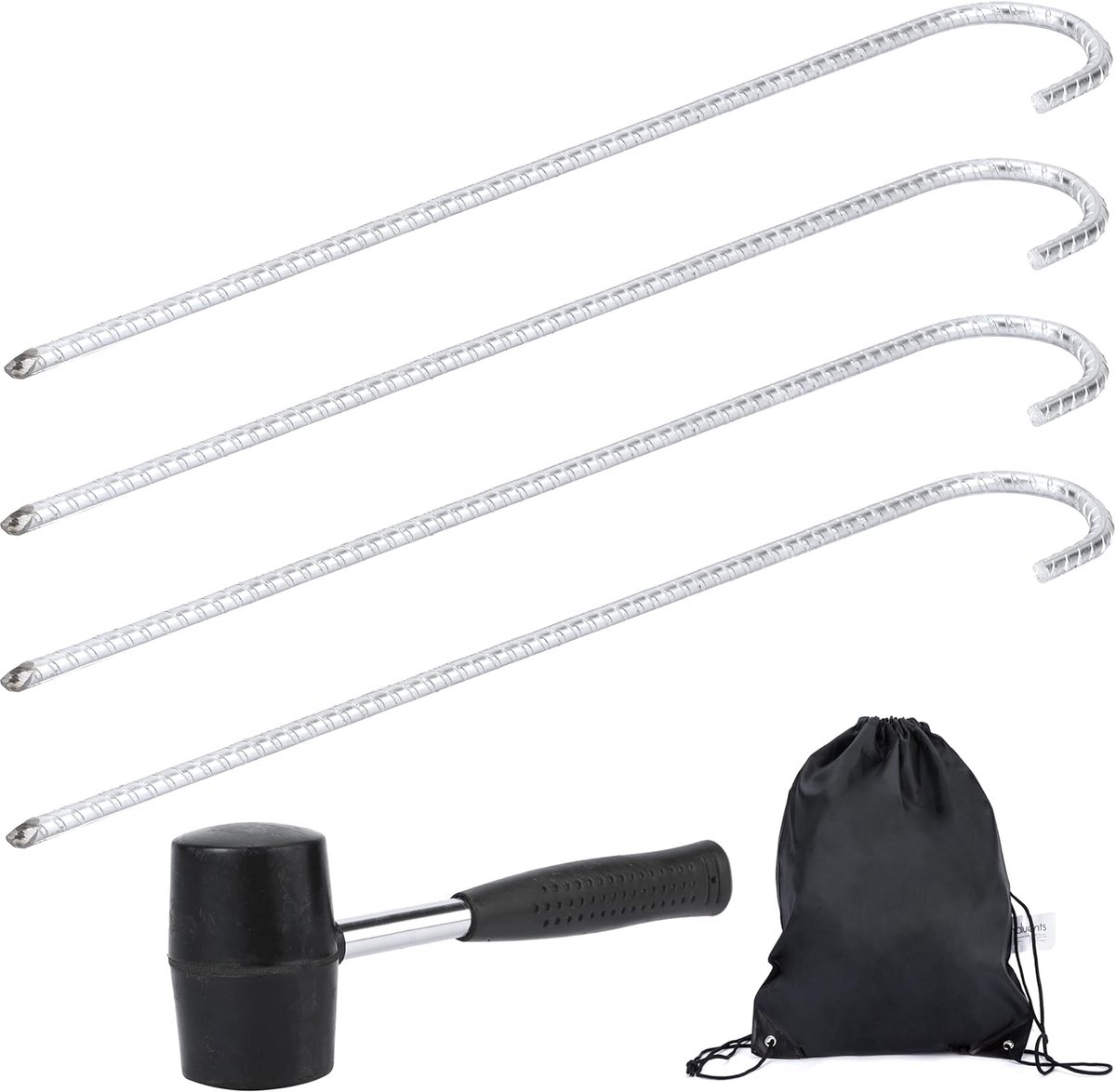 SnelShoppen - Set van 4 Grondankers 42 cm - Grondhaken, Tentpinnen voor Beveiligde Bevestiging - Roestvrij Staal, Inclusief Rubber Hamer & Tas voor Ca