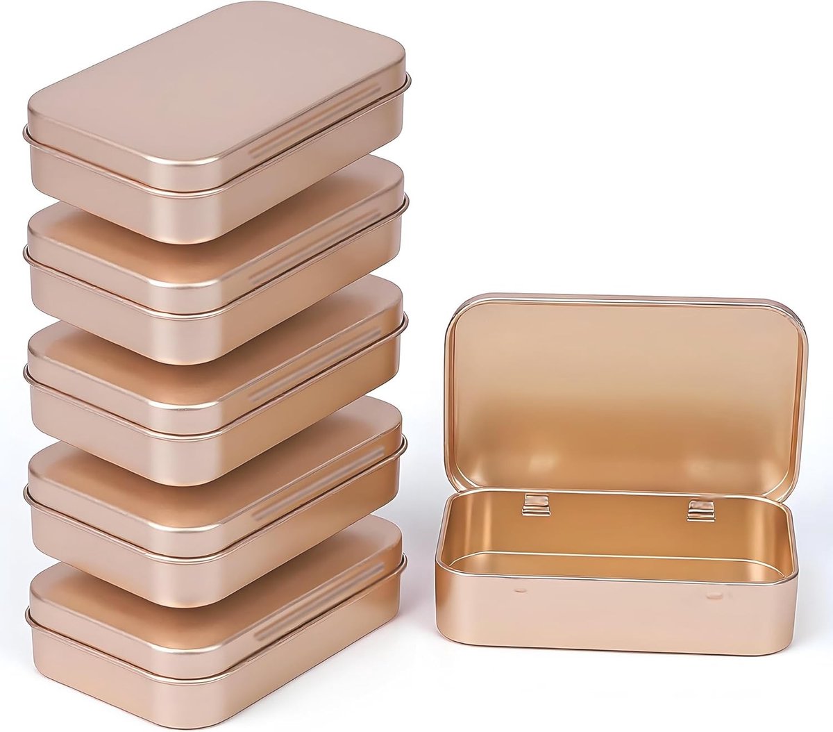 Rechthoekige Mini Opbergdozen met Scharnierdeksel (9.5 x 6 x 2.2 cm) – Set van 6 Roze Gouden Blikdozen voor Kleine Voorwerpen, Handige Opbergoplossing