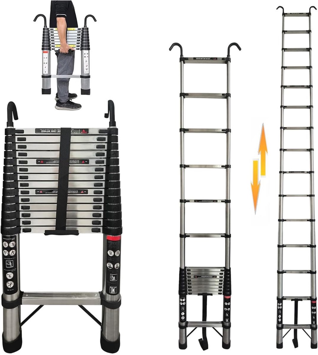 JCP® Ladder - Laadcapaciteit 150 kg - Telescoopladder - Vouwladder - Zilver - 48cm x 8cm x 500cm