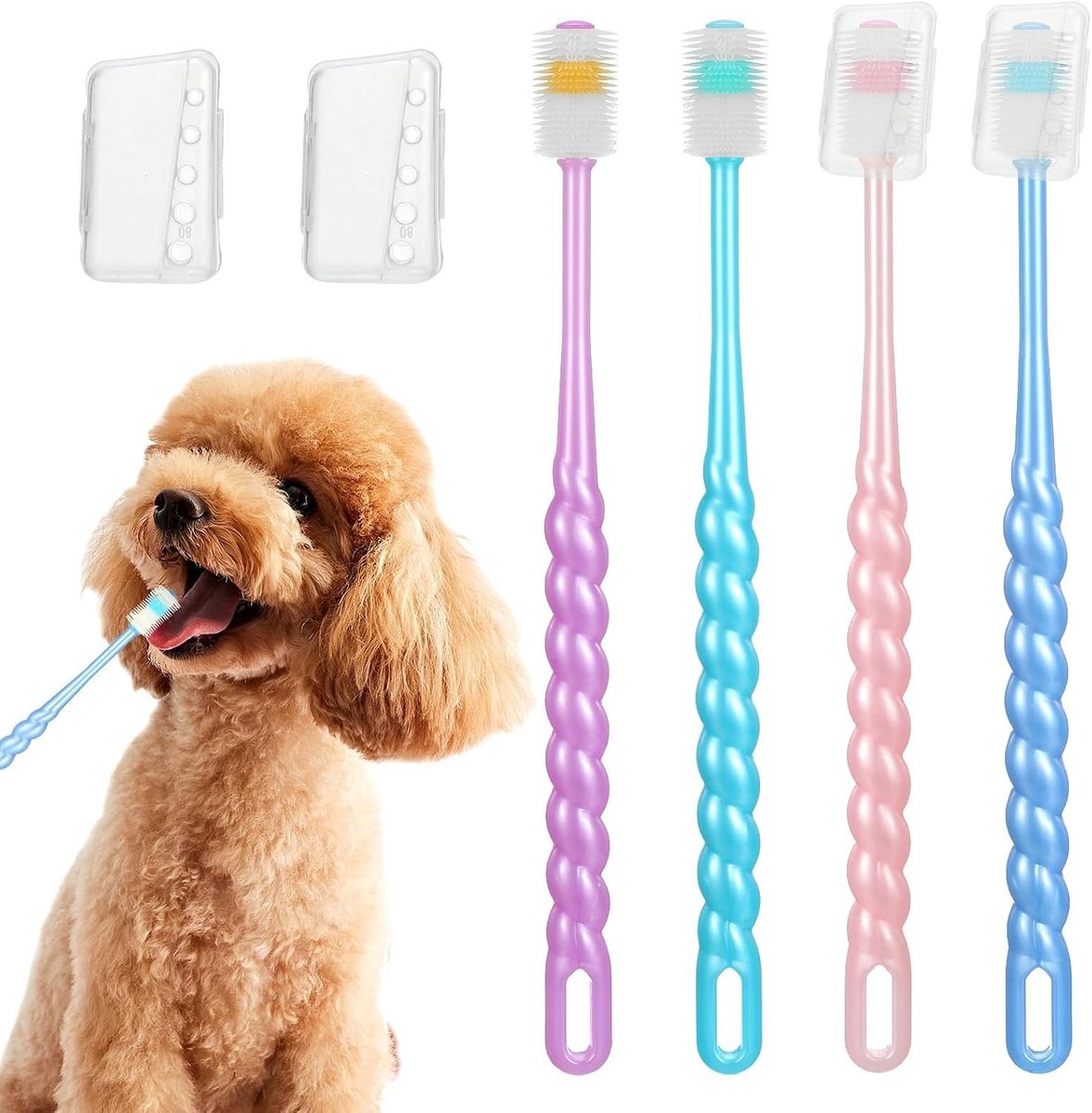 Kattentandenborstel set van 4 - 360 graden reiniging met zachte borstelharen en lange handgreep voor optimale mondhygiëne bij katten en honden