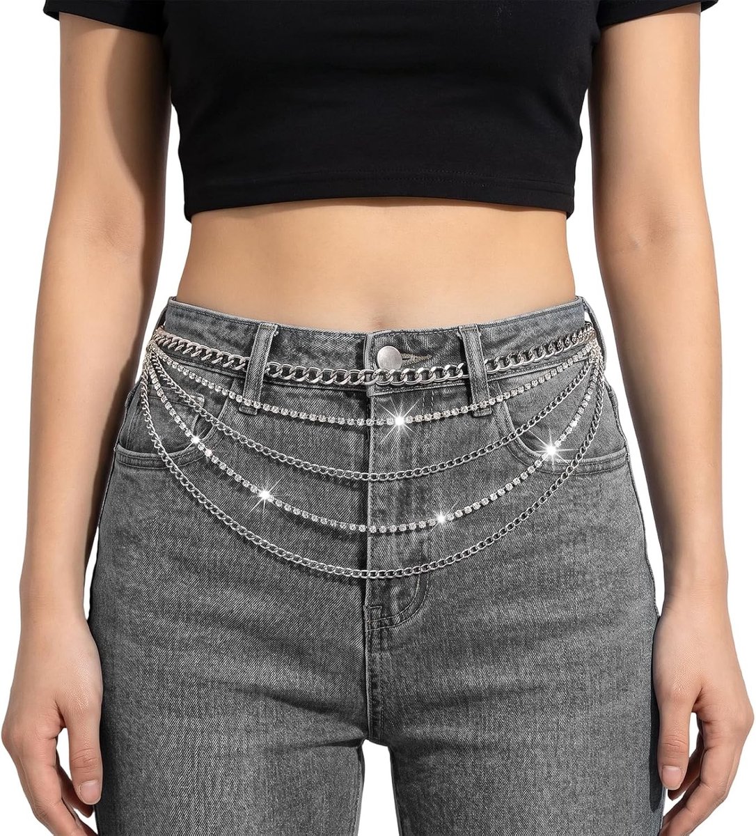Elegante meerlagige zilveren kettingriem voor vrouwen, verstelbare taille riem met strass voor jurken en broeken