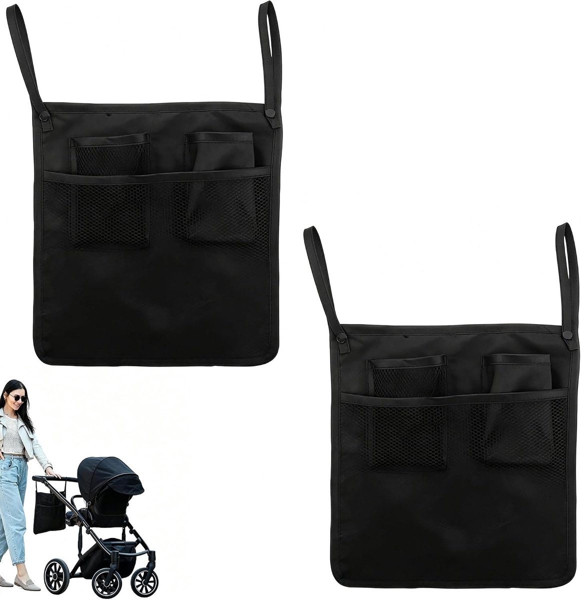 Universele kinderwagentas set van 2, multifunctionele buggy-organizer met grote opbergruimte en meerdere vakken voor boodschappen en accessoires