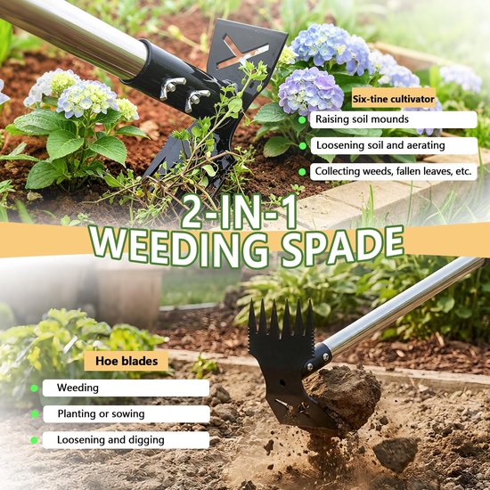 Onkruidtrekker Lange Steel - Tuinhark Schoffel - Staand Onkruid Wieden - 2-in-1 Kop - 150 cm - Grijs — afbeelding 4