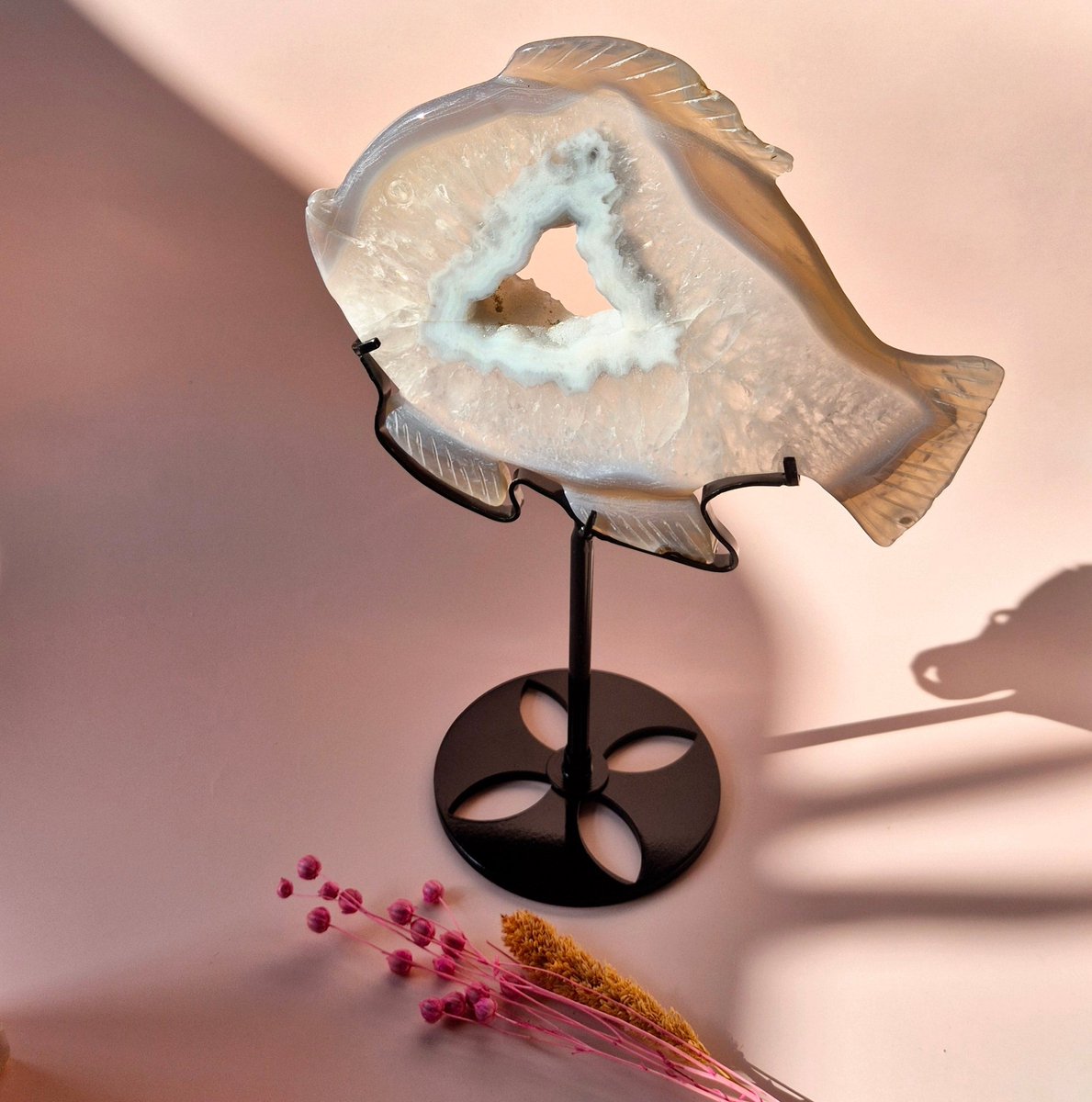One-of-a-Kind Druzy Agate Fish Carving on Metal Stand - 15x20cm 515 grams