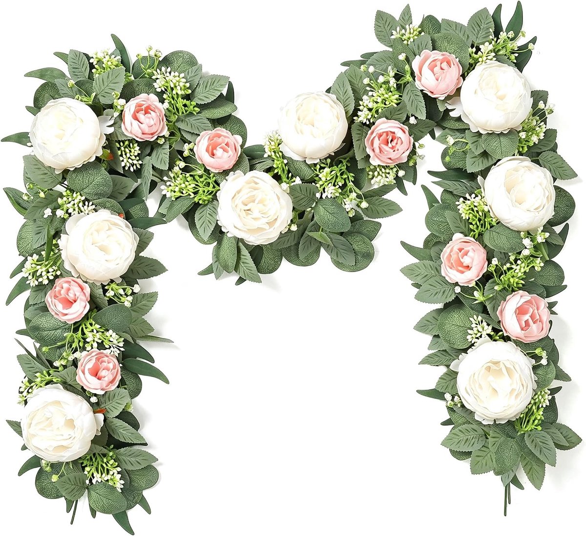 SnelShoppen - 2 Stuks Kunstmatige Eucalyptusbloemen Slinger met Witte Rozen en Pioenrozen, Zijde, 170 cm, Tafeldecoratie voor Bruiloft en Feest
