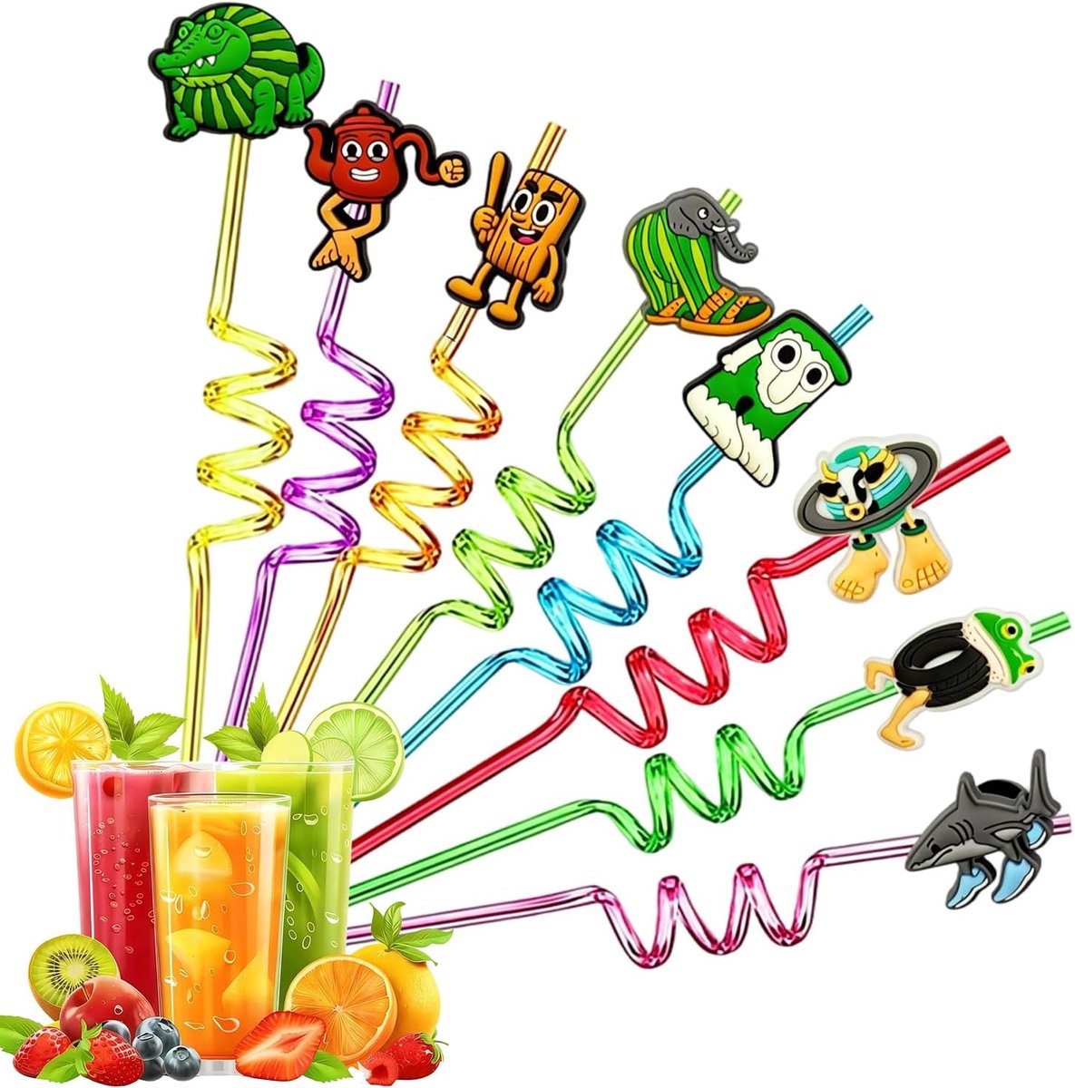 SnelShoppen - 8 Stuks Herbruikbare Spiraalrietjes voor Kinderen - Brainrode Rietjes voor Verjaardagsdecoratie, Feesten en Themafeestaccessoires - Veil