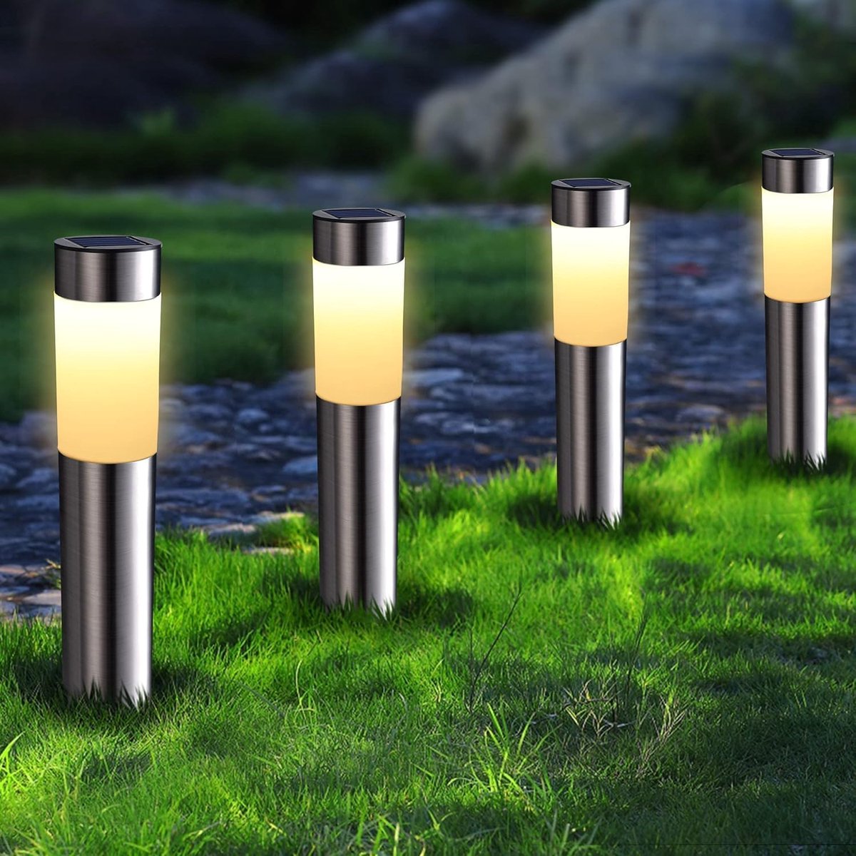 SnelShoppen - 4x Weerbestendige RVS LED Solar Tuinlampen Warm Wit - Cilindrische Buitenverlichting - Tuinpad Verlichting - Patios Verlichting - Energi