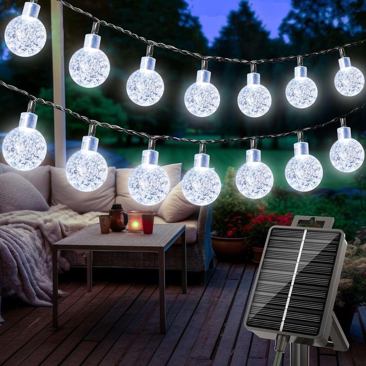 SnelShoppen - Lichtsnoer op Zonne-energie 15m LED - Buiten Lichtketting met Kristallen Bollen - Weerbestendig, 8 Modi - Perfect voor Tuin, Balkon en F