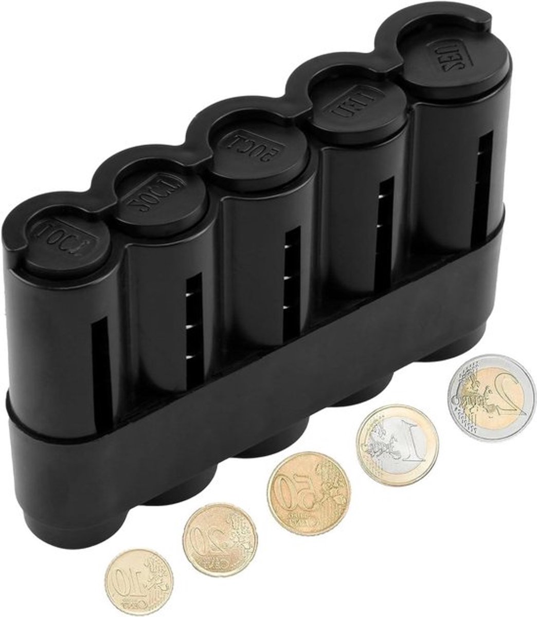 Muntenbox met 5 vakken en muntdispenser, zwart kunststof design voor diverse munten.