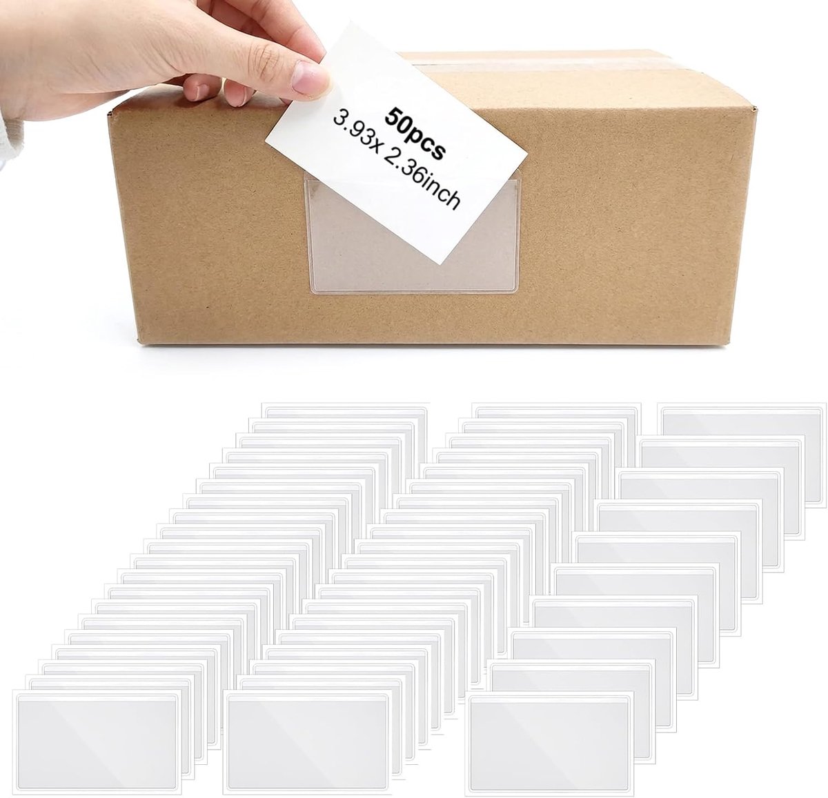 SnelShoppen - 50 Stuks Zelfklevende Transparante Kaarthouders, Plastic Labelhouders met Bovenopening 6x10cm Waterdicht voor Bedrijfskaarten, Organiser