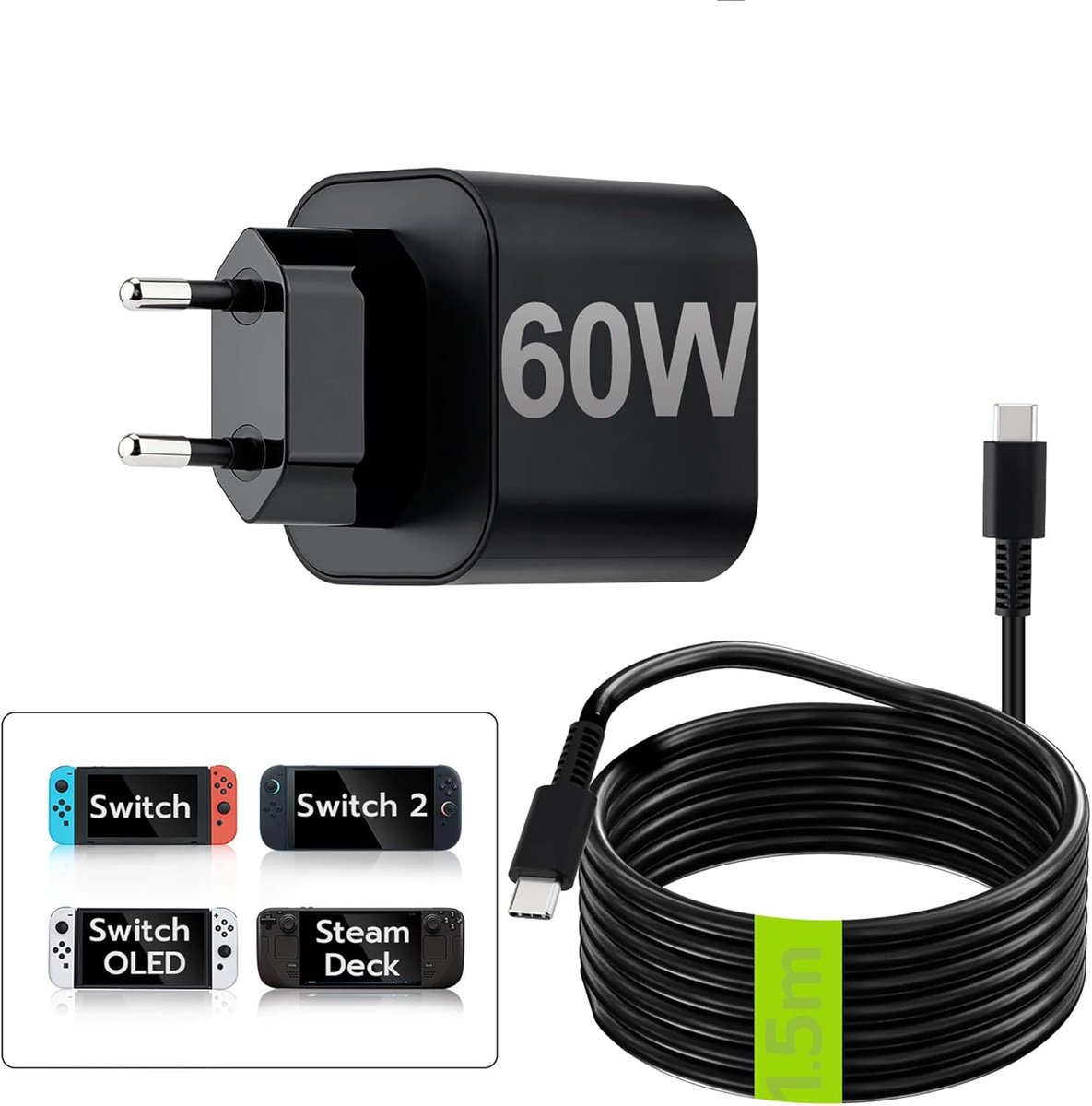 SnelShoppen - Power Adapter voor Switch 2 / OLED / Lite Console - 1.5m Snellader - 60W USB Type C - EU Plug - Ideaal voor TV Dock, Steam Deck en Pro C