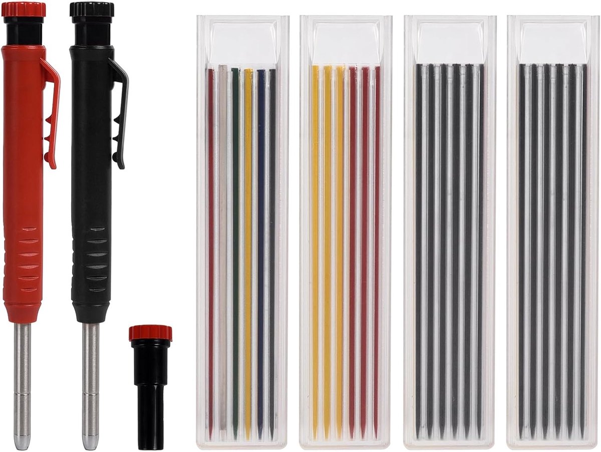 SnelShoppen - 6-delige Houtbewerkingspotlood Set - 2.8mm Mechanisch Timmermanspotlood met 26 Vullingen - Stevige Constructie voor Architectuur, Houtbe