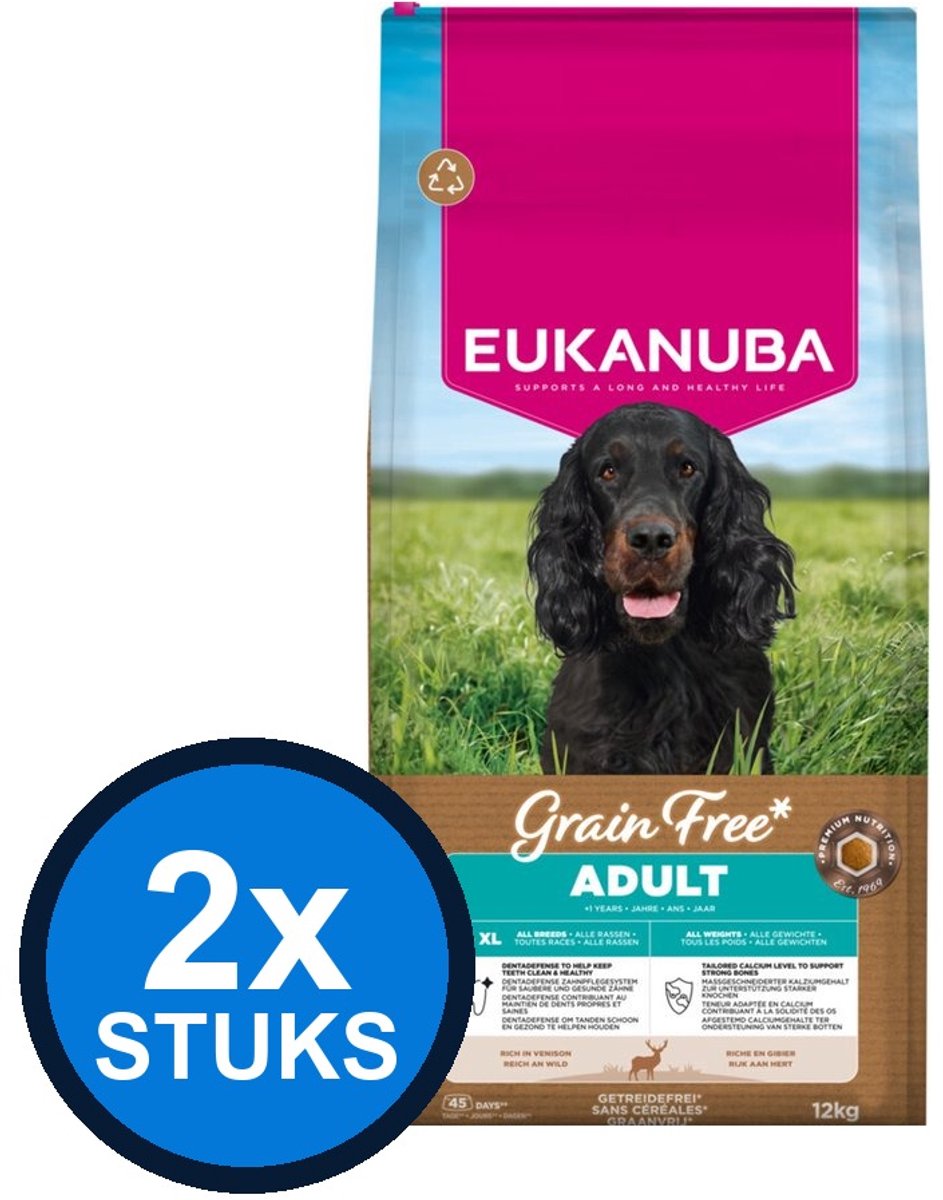 2x Eukanuba - Grain Free dog adult all sizes venison 12kg