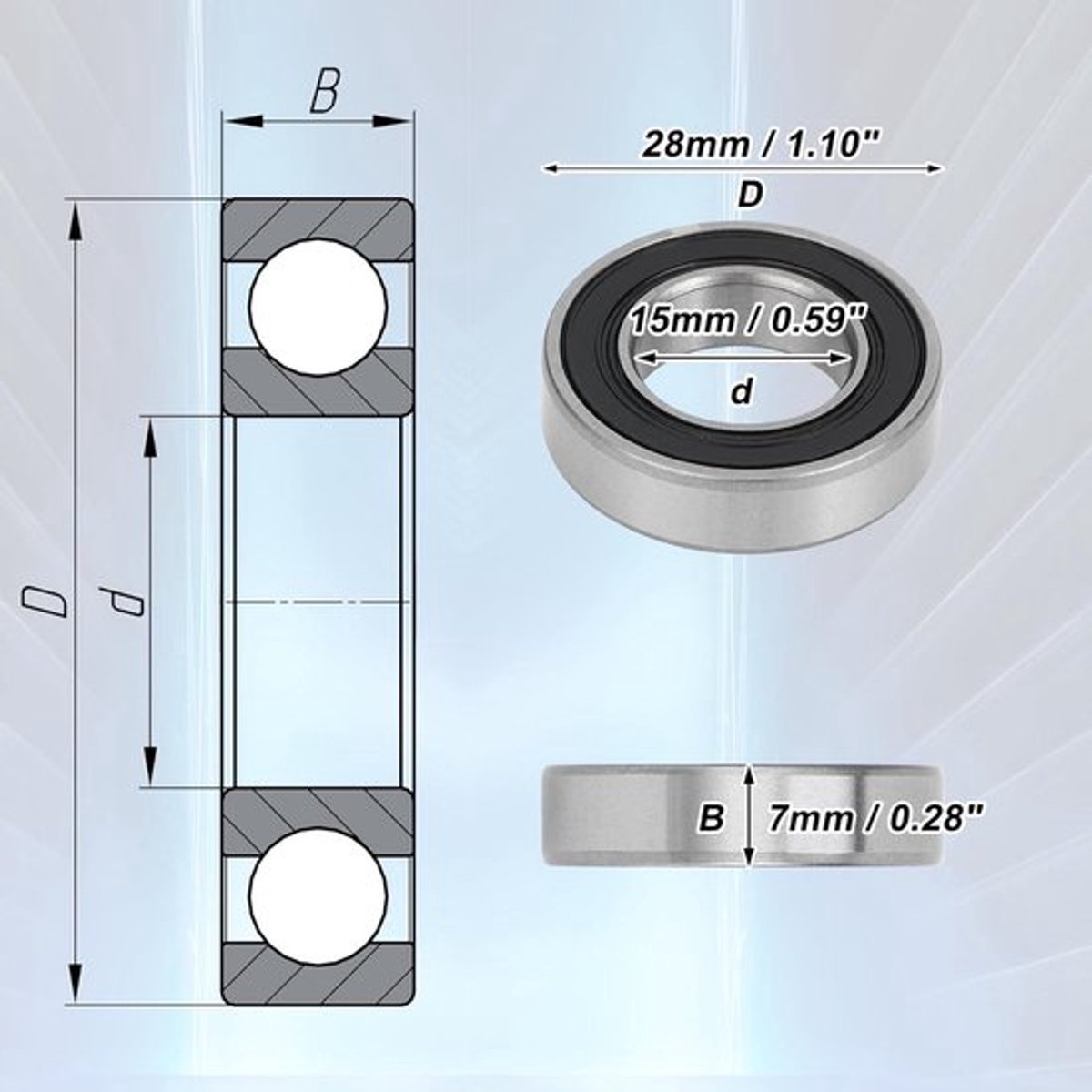 Groefkogellagers 15x28x7mm - Dubbele Rubberen Afdichting - Gesmeerd - Zwart/Zilver - Scooter Skateboard Reservestuk