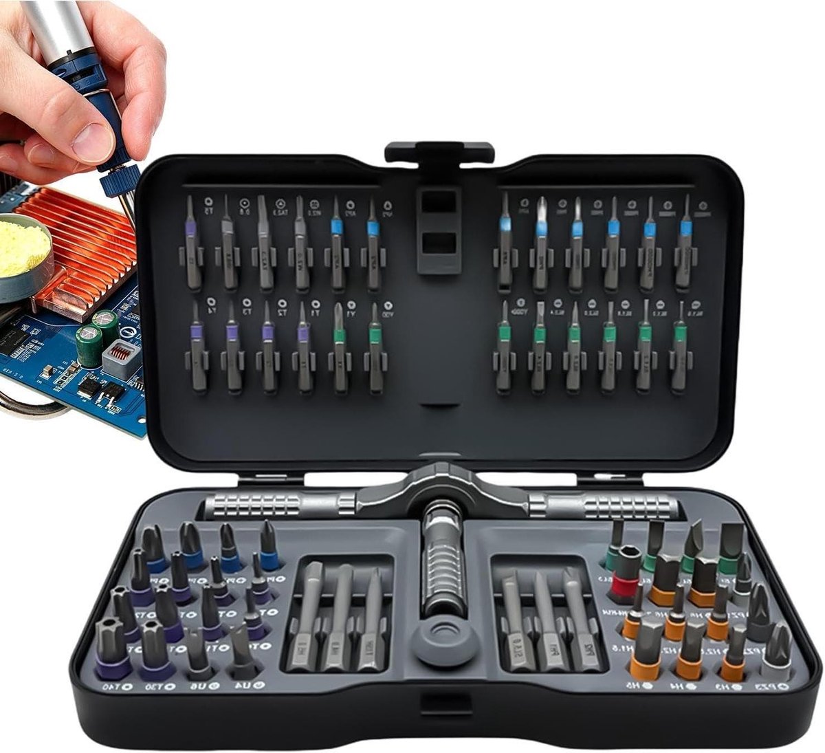 Ratelschroevendraaierset - Precisie Bits - Doe-het-zelf Reparatie - Compacte Koffer - 66 Delig - Grijs